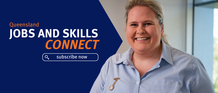 Queensland Jobs and Skills Connect. Subscribe now. Image of a woman wearing a blue uniform, smiling to camera
