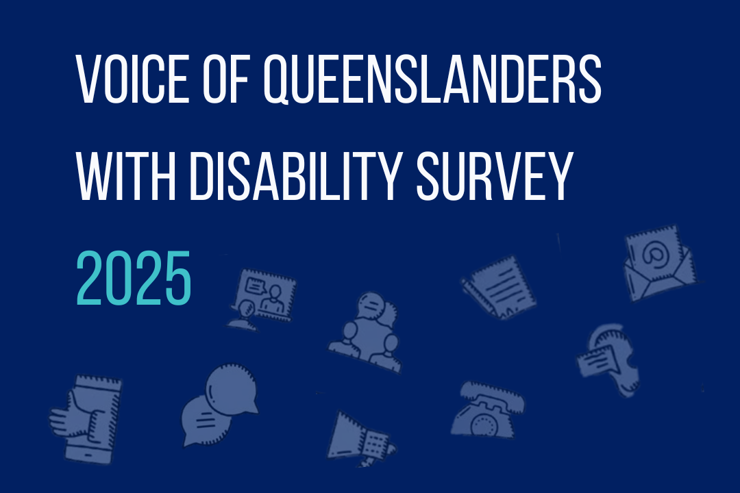 A blue graphic with Voice of Queenslanders with disability survey text. 