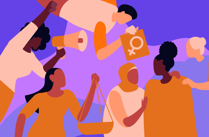 Cartoon women dressed in orange on a purple background, they appear to be raising their voices and supporting each other.