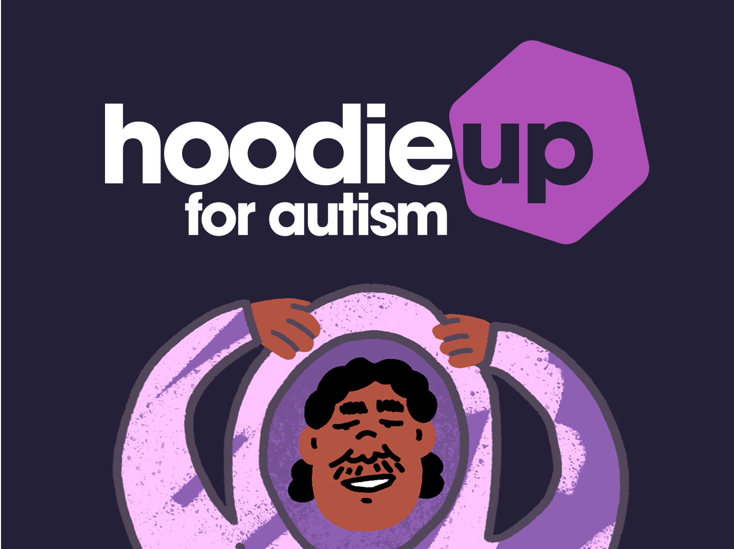 Purple background with drawing of a person wearing a hoodie and the words hoodie up for autism.
