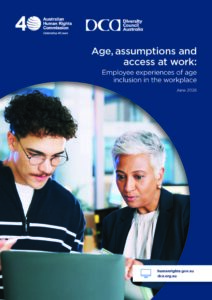 Report cover of the report, featuring a photo of a younger and an older worker, collaborating in front of a laptop.