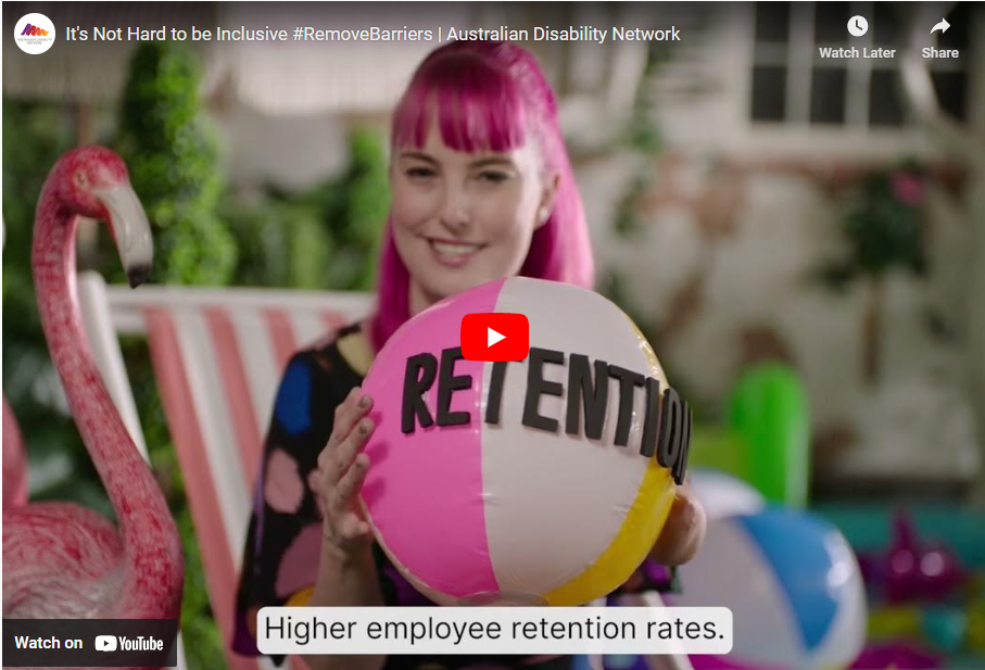 Screenshot of video by the Australian Disability Network featuring a person who appears to be at a pool party, with a beach ball with the word 'retention' on it.