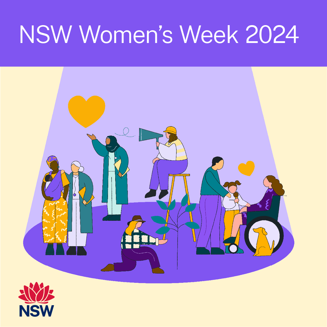 NSW Women's Week 2024 artwork shows several women of diverse backgrounds doing a number of different activities together in a purple spotlight with the NSW Government logo in the corner