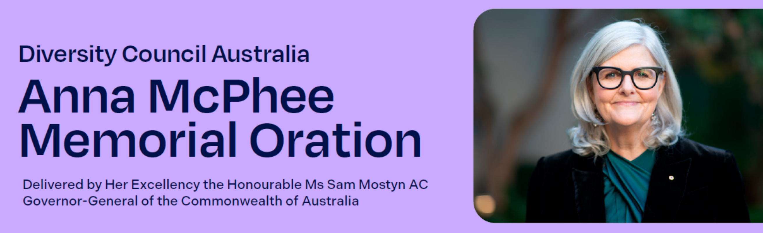 Banner for DCA's Anna McPhee Memorial Oration with a headshot Ms Sam Mostyn
