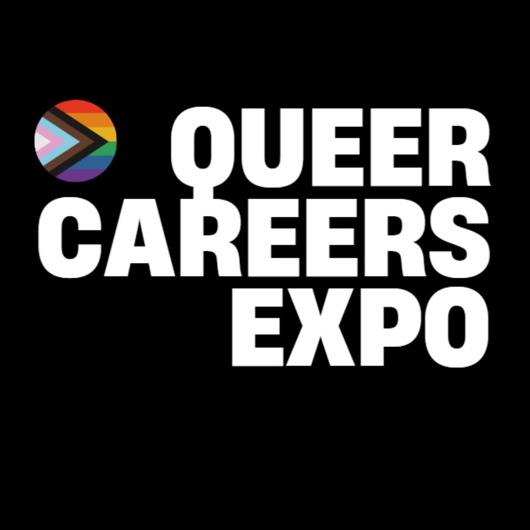 A black background with a progress pride flag and the words queer career expo.