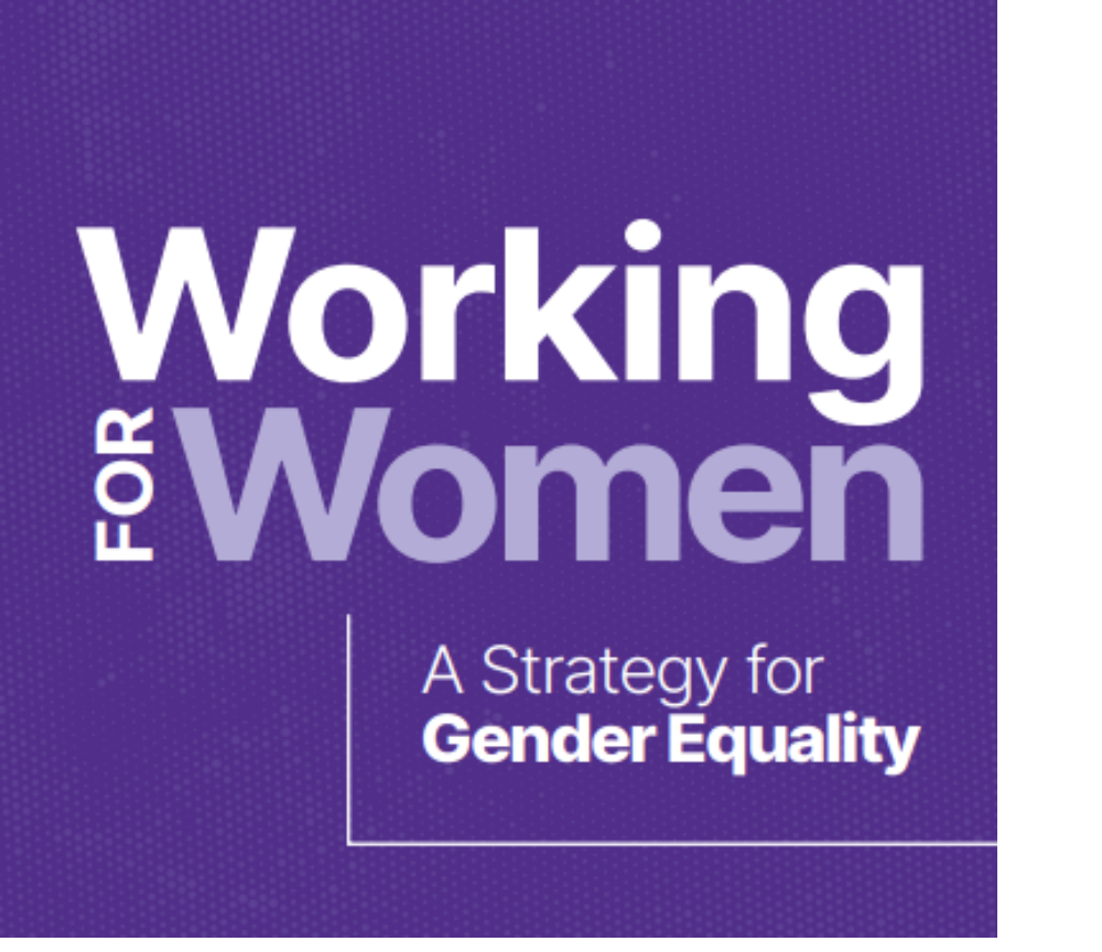 Purple background with the text working for women, a strategy for gender equality