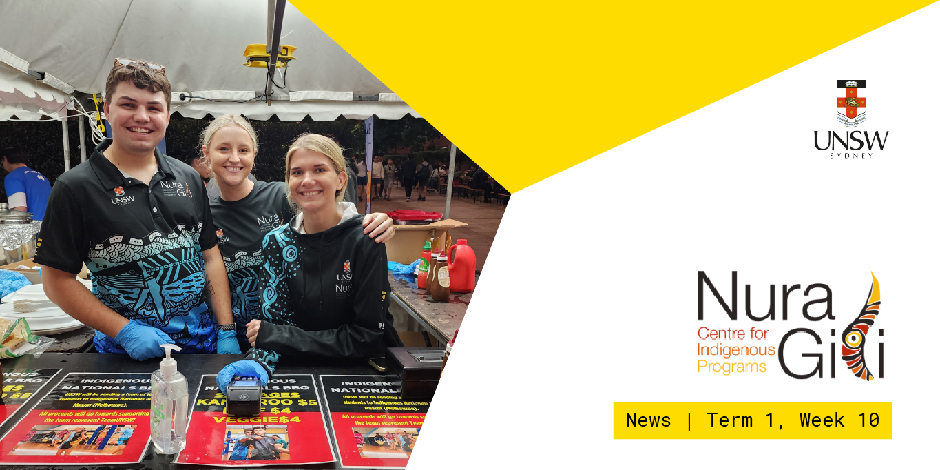 UNSW branded, Nura Gili News banner with photo of three people smiling at the camera